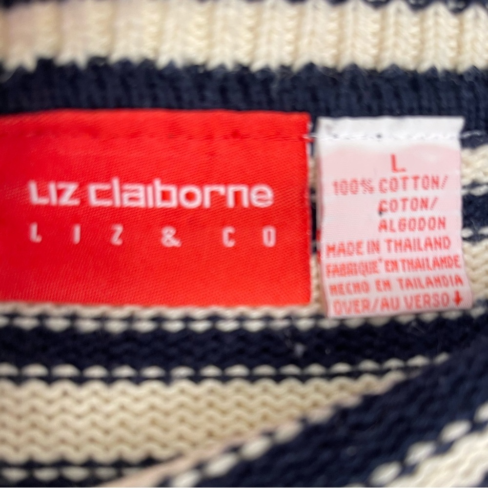 Liz Claiborne Women’s  Nautical Sweater Stripes Blue Ivory Long Sleeves Large - Picture 6 of 9